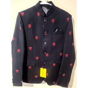 Sanskriti Men’s Nehru Collar Bandhgala Jacket – Navy with Red Lotus Embroidery –